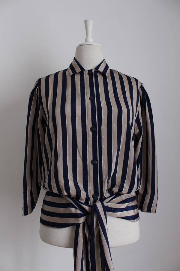 VINTAGE STRIPE NAVY TIE FRONT SHIRT TOP BLOUSE - SIZE 10/ 12