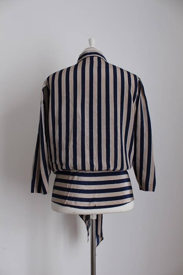 VINTAGE STRIPE NAVY TIE FRONT SHIRT TOP BLOUSE - SIZE 10/ 12