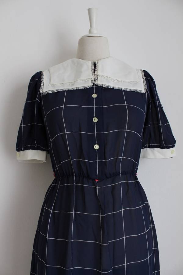 VINTAGE NAVY WHITE CHECK LACE DAY DRESS - SIZE 8
