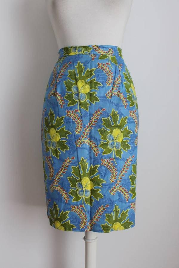 VINTAGE AFRICAN ETHNIC GREEN BLUE PRINT COTTON PAGNE PENCIL SKIRT - SIZE 14