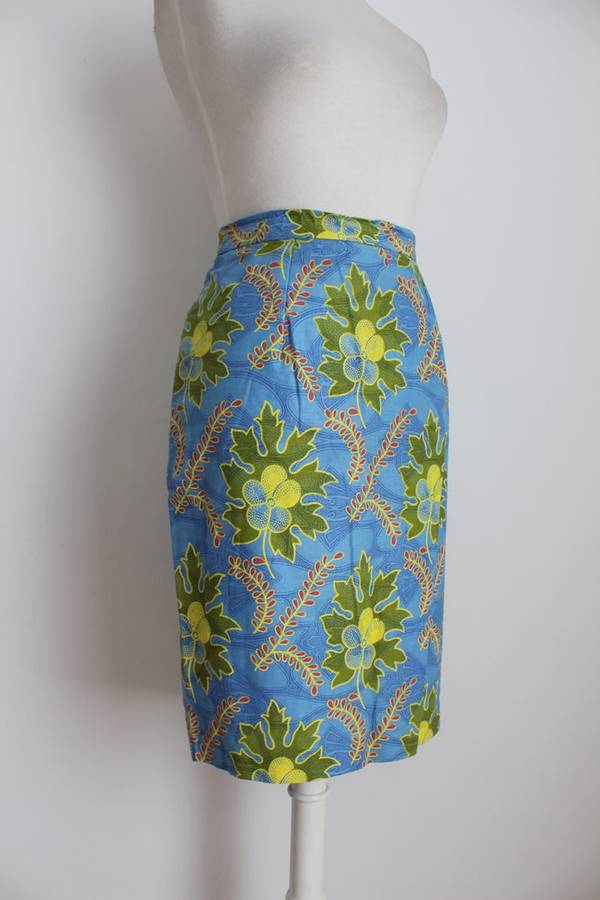 VINTAGE AFRICAN ETHNIC GREEN BLUE PRINT COTTON PAGNE PENCIL SKIRT - SIZE 14
