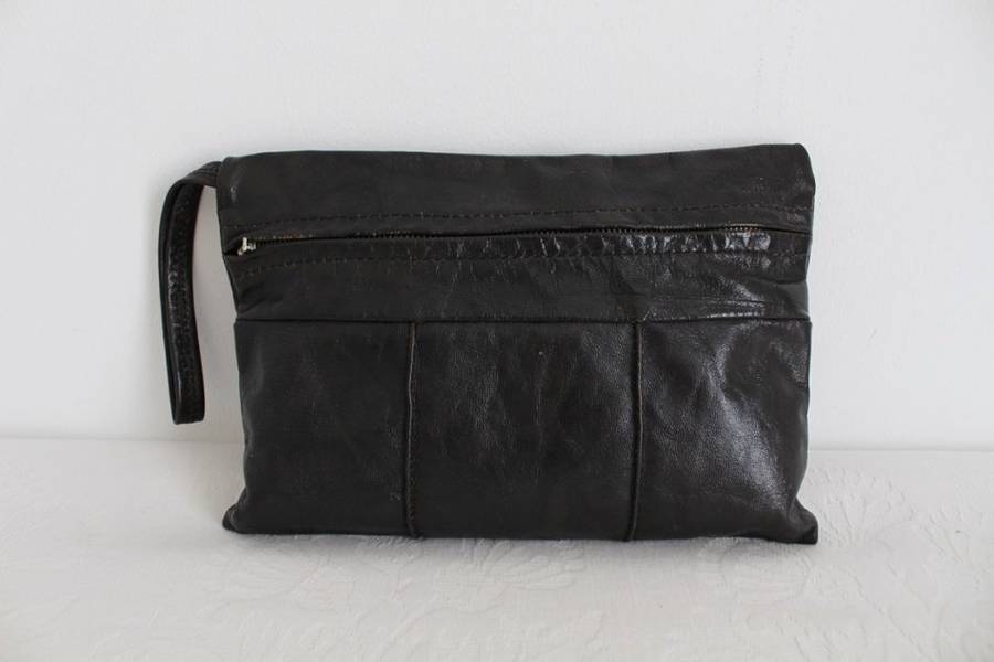 VINTAGE BLACK GENUINE LEATHER ZIP CLUTCH BAG PURSE
