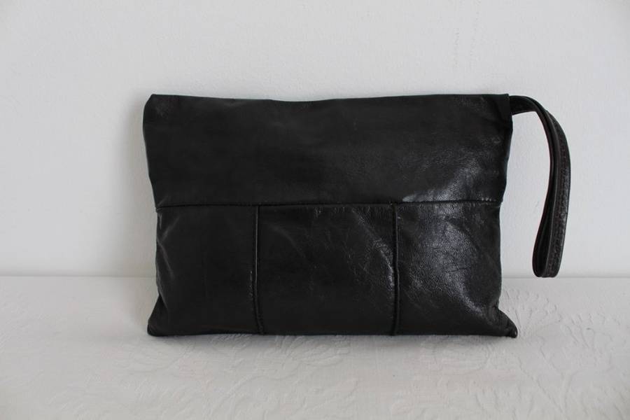 VINTAGE BLACK GENUINE LEATHER ZIP CLUTCH BAG PURSE