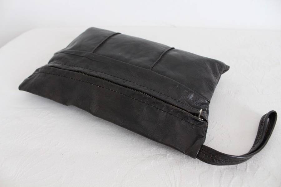 VINTAGE BLACK GENUINE LEATHER ZIP CLUTCH BAG PURSE