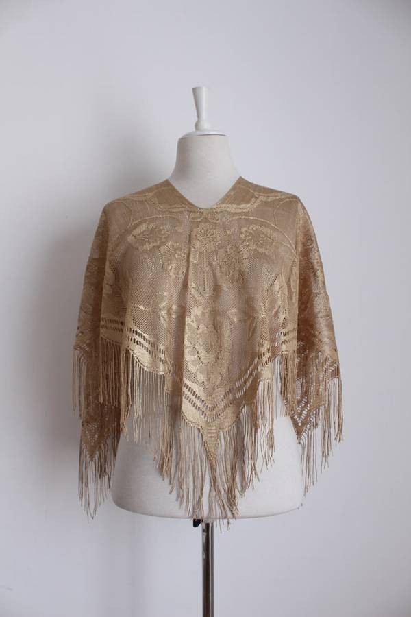 VINTAGE GOLD LACE FRINGED SHAWL TOP - ONE SIZE