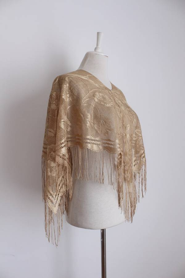 VINTAGE GOLD LACE FRINGED SHAWL TOP - ONE SIZE