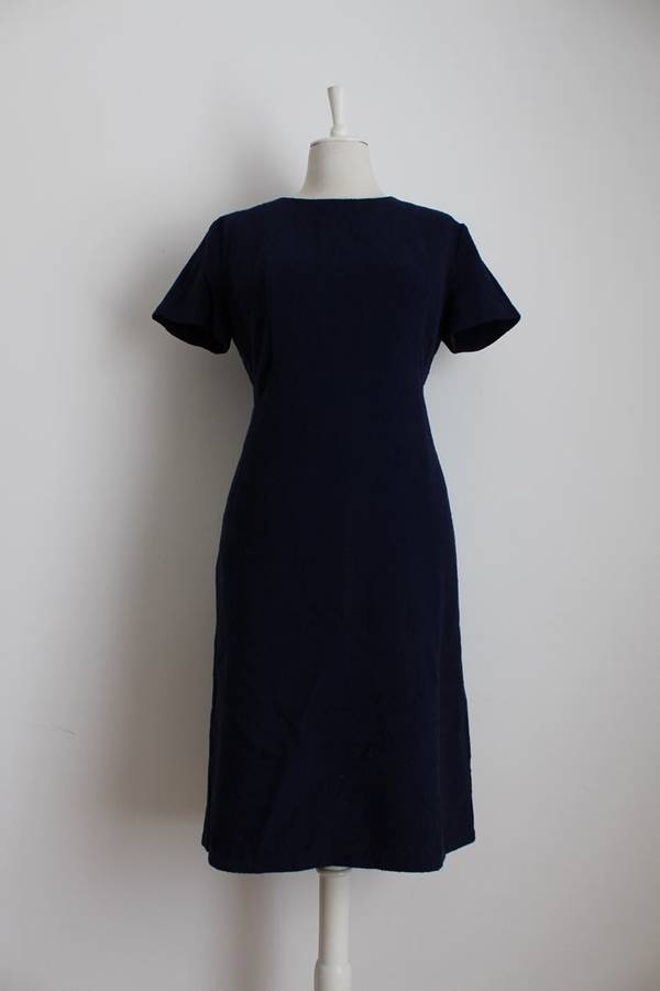 VINTAGE WOOL NAVY BLUE SHIFT DRESS - MADE IN ENGLAND - SIZE 16