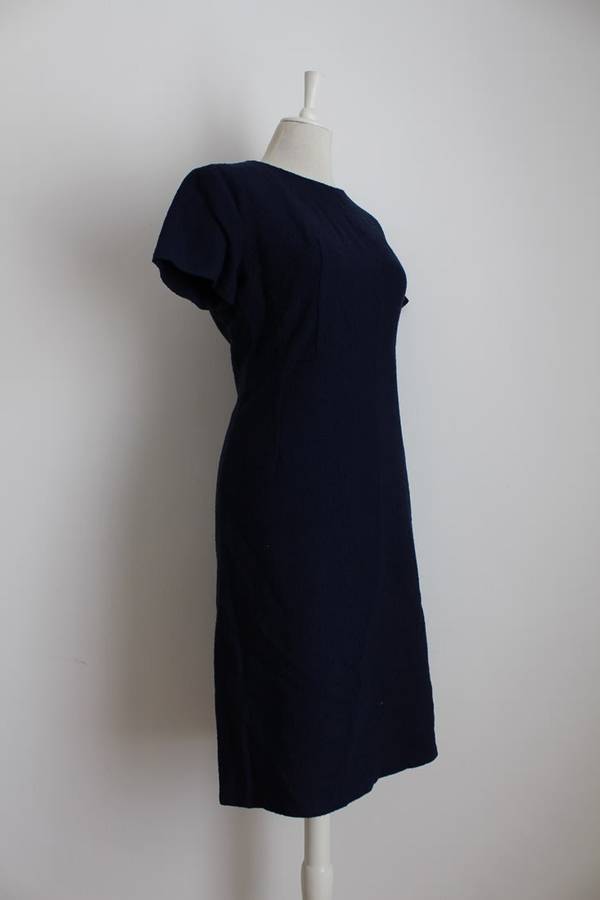 VINTAGE WOOL NAVY BLUE SHIFT DRESS - MADE IN ENGLAND - SIZE 16