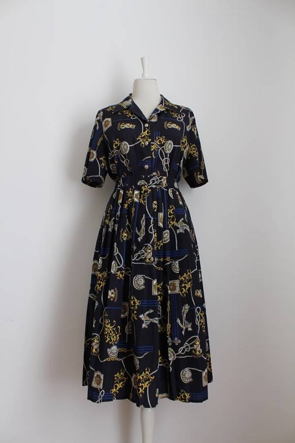 VINTAGE NAUTICAL PRINT NAVY TWO PIECE PLEATED SKIRT TOP - SIZE 16