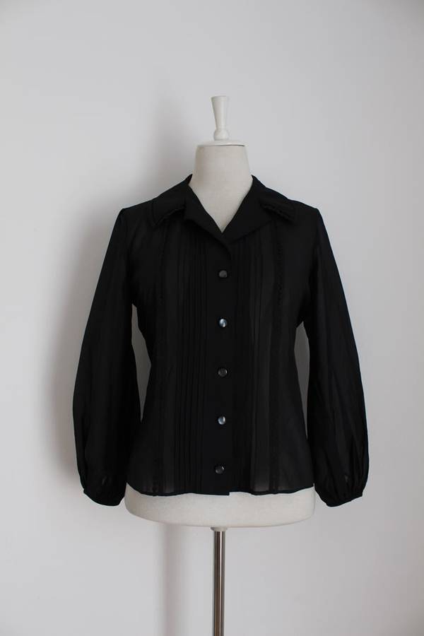 VINTAGE BLACK PLEATED BISHOP SLEEVE BLOUSE SHIRT TOP - SIZE 10