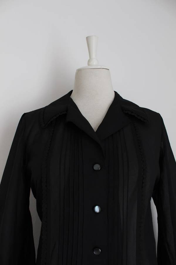 VINTAGE BLACK PLEATED BISHOP SLEEVE BLOUSE SHIRT TOP - SIZE 10