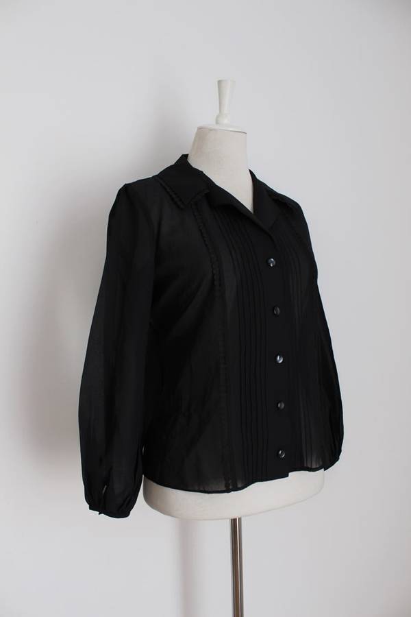VINTAGE BLACK PLEATED BISHOP SLEEVE BLOUSE SHIRT TOP - SIZE 10