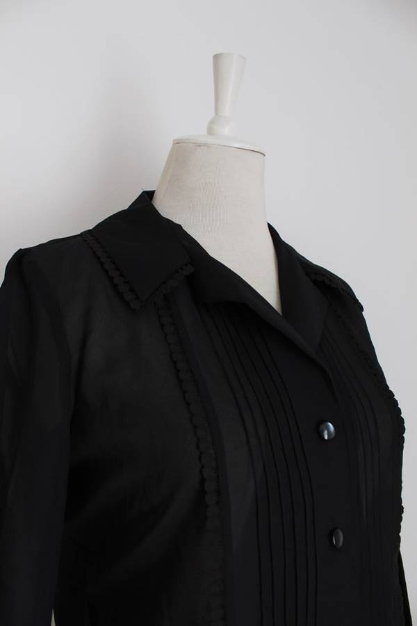 VINTAGE BLACK PLEATED BISHOP SLEEVE BLOUSE SHIRT TOP - SIZE 10