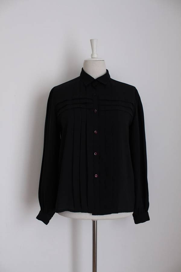 VINTAGE PLEATED BLACK SHIRT BLOUSE TOP - SIZE 12