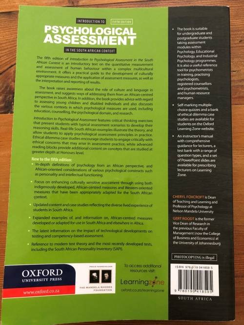 INTRODUCTION TO PSYCHOLOGICAL ASSESSMENT IN THE SA CONTEXT - C. FOXCROFT and G. ROODT, 5TH EDITION