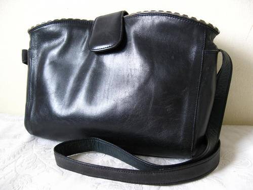 VINTAGE **LOUIS CARDINI** DESIGNER BRAND GENUINE LEATHER BLACK/ NAVY HANDBAG PURSE WITH WHITE TRIM