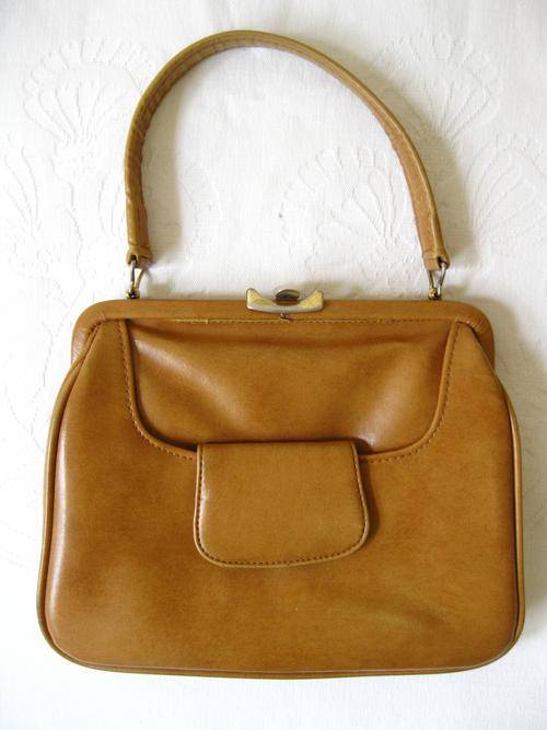 VINTAGE "MONARCH" 1960S FAUX LEATHER TAN BROWN HANDBAG