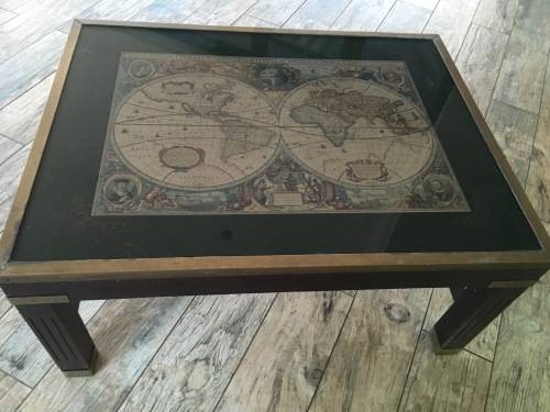 Brass Wood and Glass Old Word Map Coffee Table