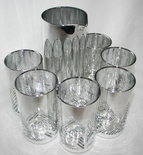 WOW Silver Hi Ball glasses, six tall silver glasses with a decanter, Kimiko barware glassware