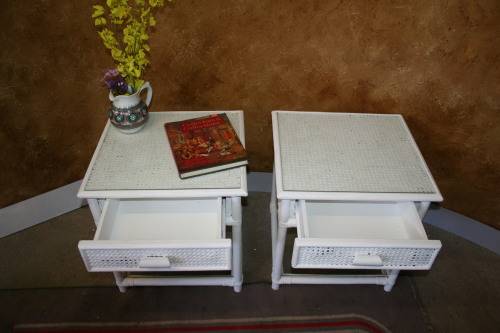 TWO STUNNING CRISP WHITE CANE BEDSIDE CABINETS WITH GLASS TOPS AND GLASS SHELF AT THE BOTTOM!!!