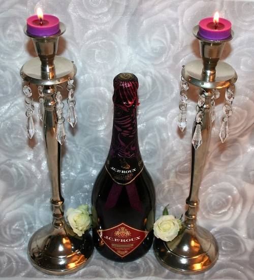 Two Spectacular Silver Metal Tall Candle Holders with stunning "crystal like" deco
