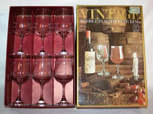 SIX QUALITY VINTAGE WINE GOBLETS WITH A FINE RIM BY DEMA Made in England in the Original Box