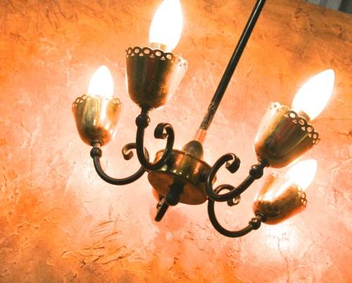 A very unusual Vintage four  branch cockerel themed chandelier, light fitting with four Brass cups