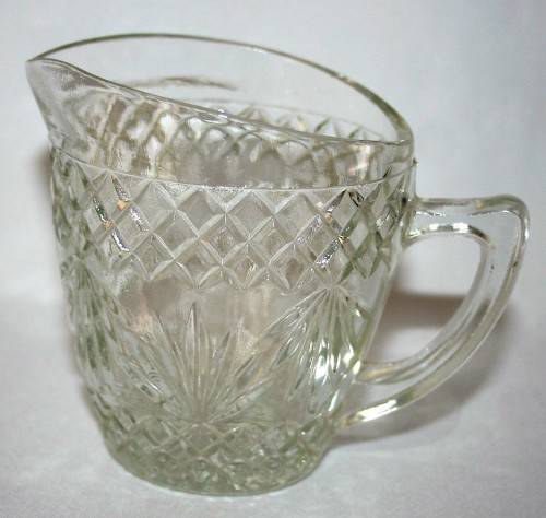 Vintage Milk Jug. Antique Glass Creamer. Antique Glass Oval Jug in geometric cut glass.