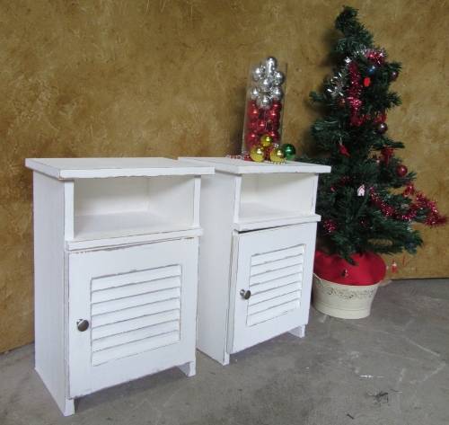 TWO CRISP WHITE SHABBY CHIC BED SIDE CABINETS -OR SIDE TABELS WITH A TWIST - STUNNING - BID PER EACH