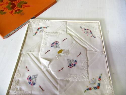 Beautiful Vintage Box handkerchief has a lovely scalloped edge and is custom embroidered SWITZERLAND