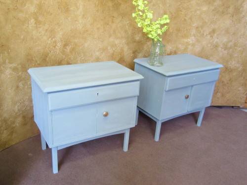TWO MARVELOUS VINTAGE BED SIDE CABINETS FINISHED IN A DUCK EGG CHALK PAINT BID PER EACH