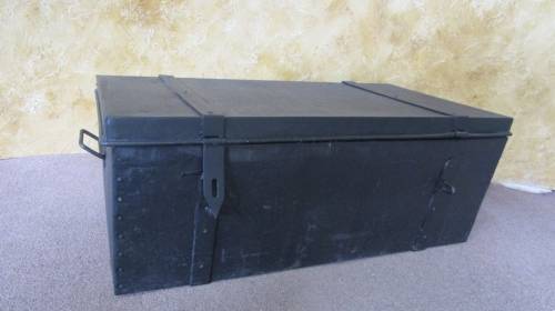 A MARVELOUS VINTAGE METAL TRUNK FINISHED IN A BLACK CHALK PAINT - PERFECT FOR A KIDS TOY BOX -