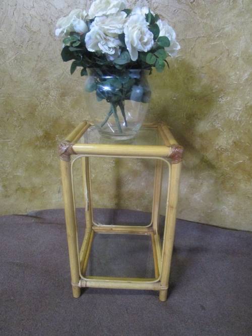 A LOVLEY VINTAGE TALL CANE TABLE WITH TWO GLASS TOPS - CANE IS LOVLEY TO FINISH IN A PAINT