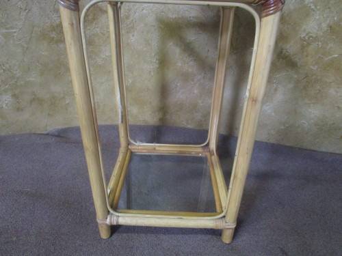 A LOVLEY VINTAGE TALL CANE TABLE WITH TWO GLASS TOPS - CANE IS LOVLEY TO FINISH IN A PAINT