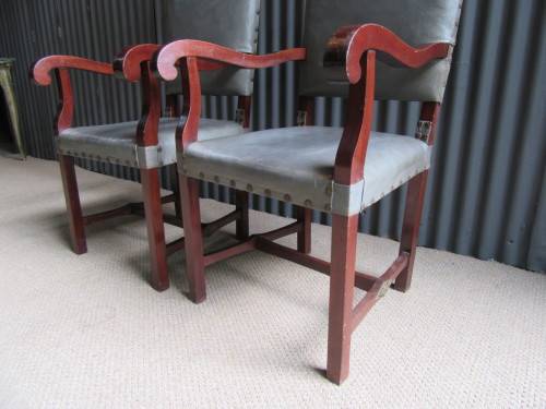 TWO AMAZING TURN OF THE CENTURY SOLID WOOD CARVER CHAIRS WITH BRASS DETAIL