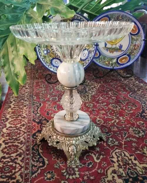 Elegant Cut Glass Cake or Fruit Stand with Marble and brass