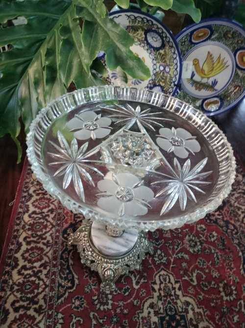 Elegant Cut Glass Cake or Fruit Stand with Marble and brass