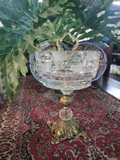 Antique French Hand cut crystal and brass compote Bowl