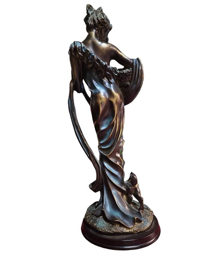 46cm Art Deco Style Woman with Basket of Flowers & Dog Sculpture