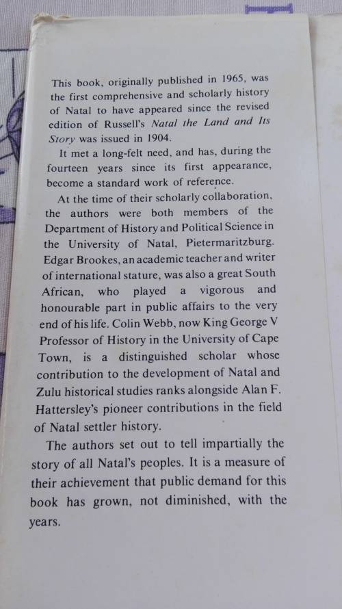 A HISTORY OF NATAL EDGAR H BROOKES and COLIN DE B WEBB