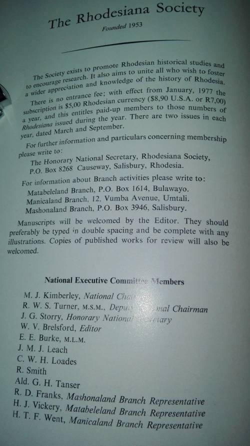 RHODESIANA  Publication 37 September 1977 The Rhodesiana Society Salisbury Rhodesia