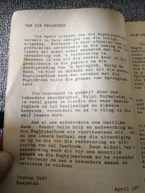The South African RUGBY ANNUAL JAARBOEK 1957   Editor - Redakteur THEO MARAIS  S A RUGBY
