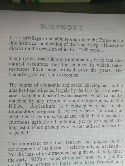THE FIRST 100 YEARS OF THE UNDERBERG - HIMEVILLE DISTRICT 1887 - 1987  (History  Lower Drakensberg )