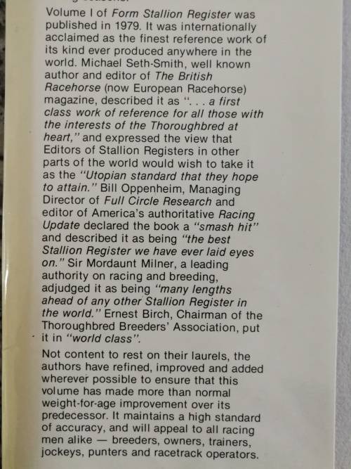 FORM STALLION REGISTER Volume II 1982 Editor , CHARLES FAULL Horse Racing Breeding Horses