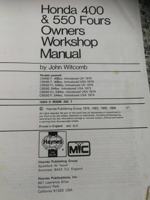HONDA CB 400 & CB 550 FOURS MOTORCYCLE 1973 TO 1977 HAYNES OWNERS WORKSHOP MANUAL