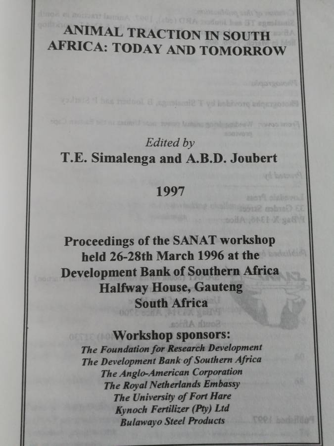ANIMAL TRACTION IN SOUTH AFRICA Proceedings SANAT  workshop March 1996 SIMALENGA ( carts )