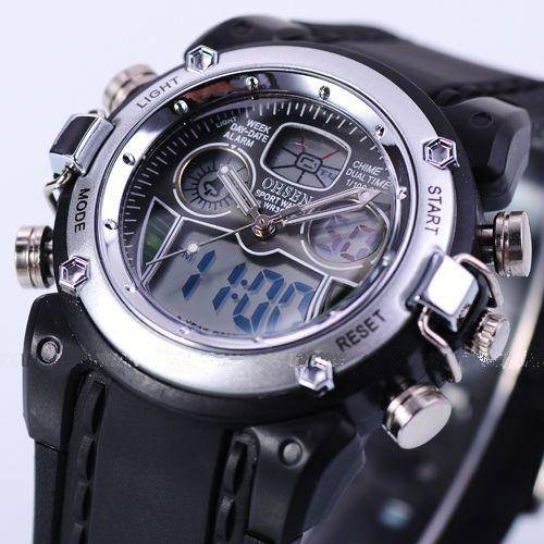 OHSEN Military Silver Dual Time Digital Alarm Date Mens Sport Rubber Wrist Watch
