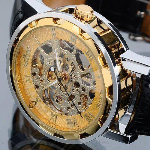 Awesome unusual Mens Silver Case Transparent Mechanical Skeleton Black Leather Band WatchLocal Stock