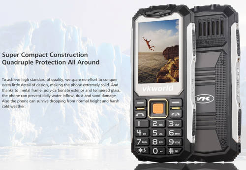 V3S Rugged Phone - 2200mAh Removable Battery, Dual-IMEI, Flashlight, Keypad (Black)