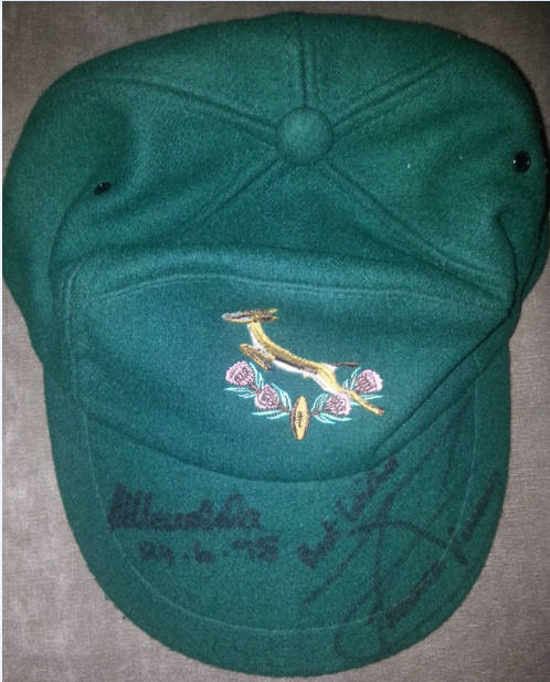 RUGBY WORLD CUP 1995 CAP SIGNED BY FRANCOIS PIENAAR AND NELSON MANDELA WITH COA
